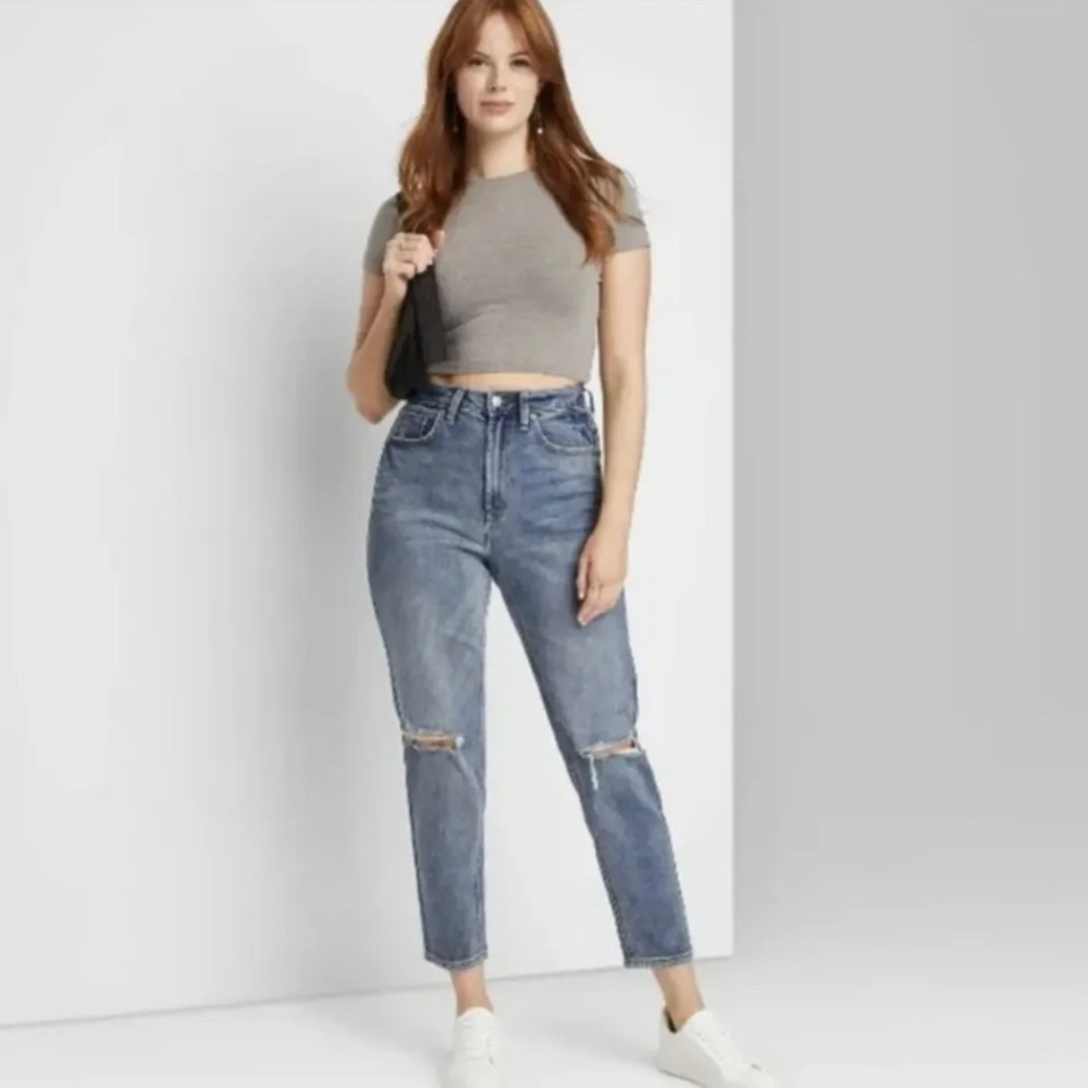 Wild Fable Light Medium Blue Washed Women's Super-High Rise Distressed Mom Jeans